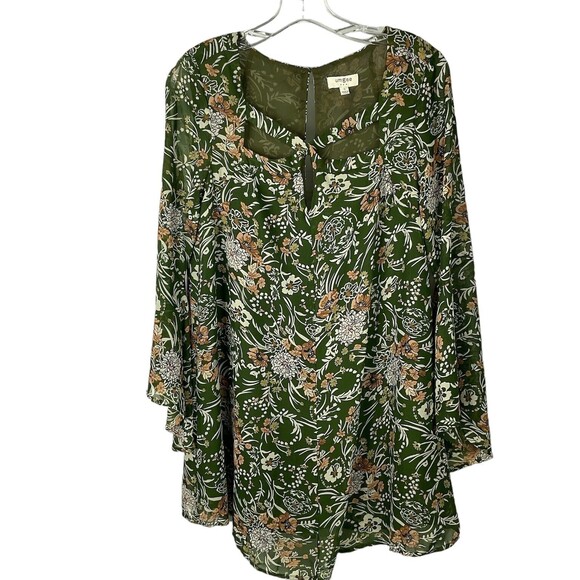 Umgee Tops - Umgee Dark Floral Bell Sleeve in Olive Green Dress Long Tunic Lined Size S